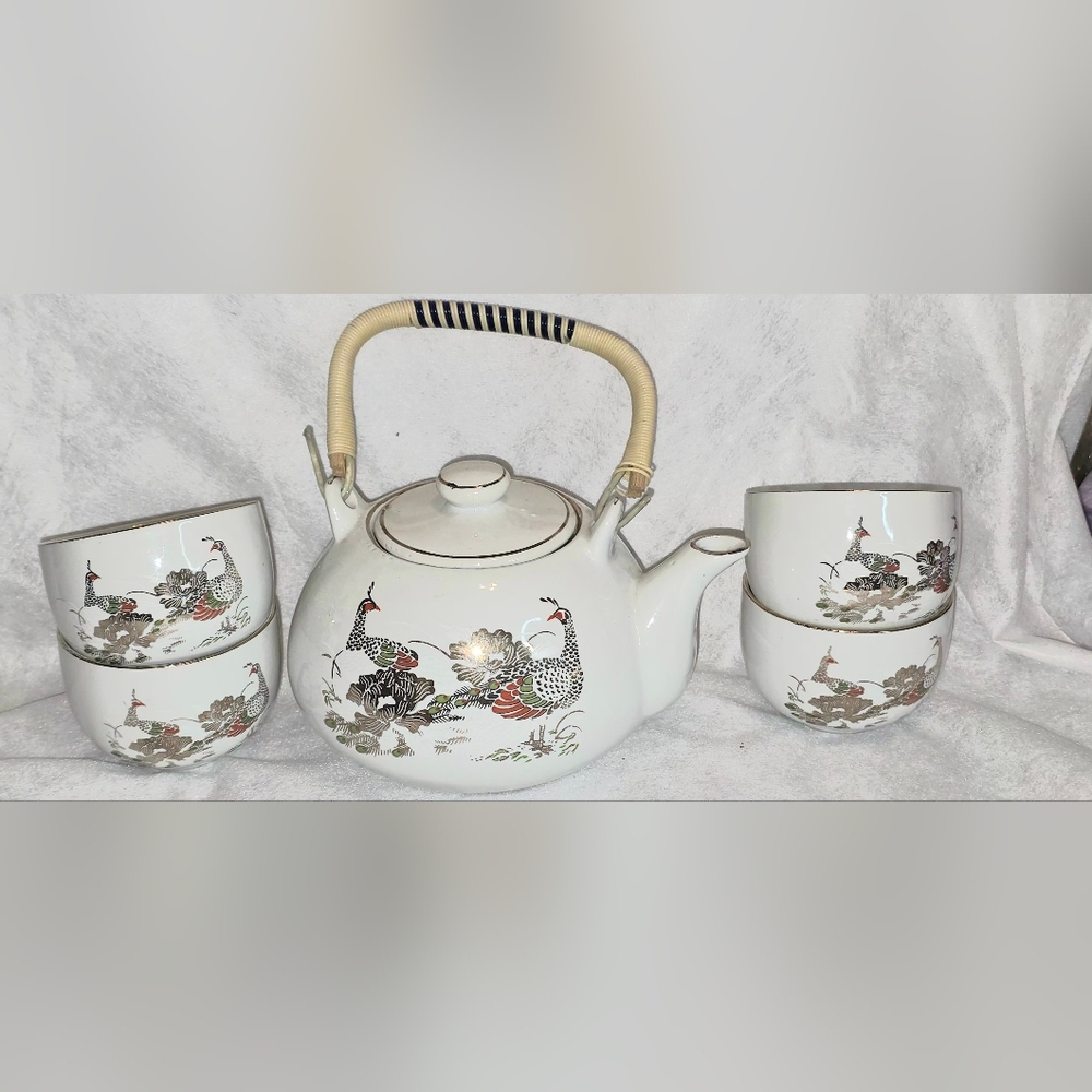 Elegant White Tea Set with Bird Design 5 Piece Set